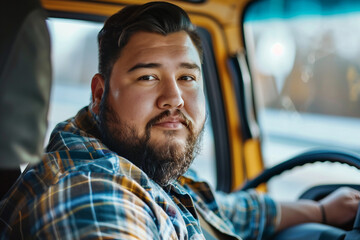 Obraz premium Picture of overweight bodypositive man riding in car ai generative design
