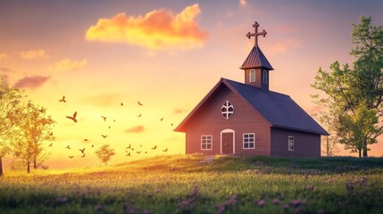 Fototapeta premium Serene Church at Golden Hour in Natural Light