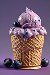 Vanilla Ice Cream Cone with fresh raspberries and blueberries fruits