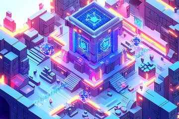 Fototapeta premium Futuristic Neon Landscape with Geometric Structures and Glow Effects