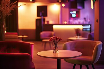 Lounge chairs, small table, flowers, warm lighting, interior.