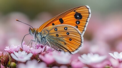 Obraz premium Orange butterfly feeding on pink flowers.