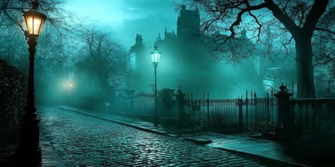 A foggy evening reveals the charm of cobblestone streets.