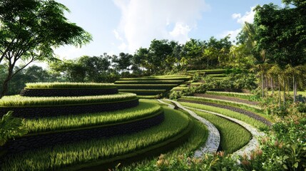 Lush green rice terraces on a hillside, with a winding path.