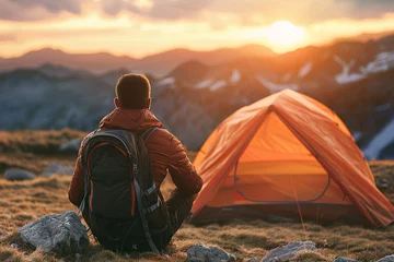Gordijnen A picturesque camping site in nature with tents and forest, lake, mountain, generated by AI © Tetiana
