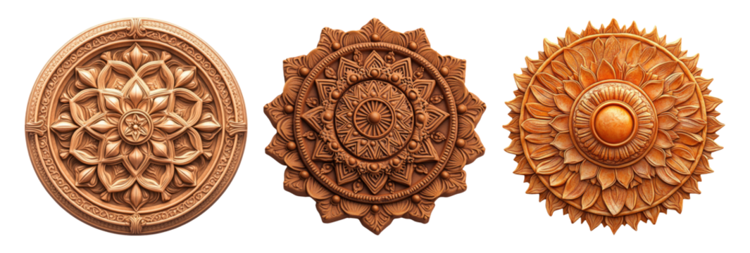 Intricate Wooden Mandala Designs Isolated on Transparent Background