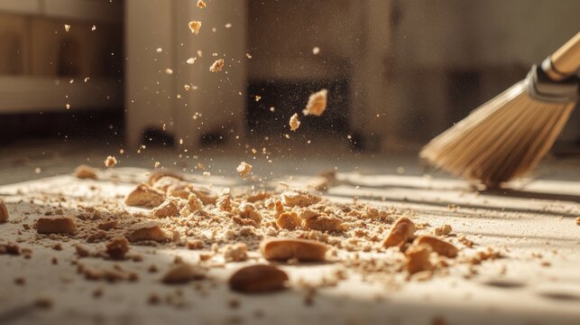 A broom is sweeping up crumbs on a floor