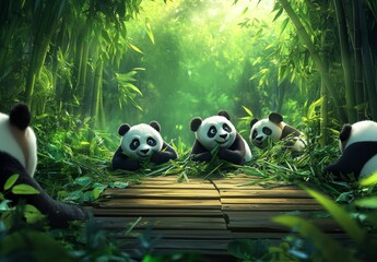 A group of pandas sitting on bamboo leaves in the green grass, surrounded by lush vegetation and dense foliage. The giant panda is holding its head with one hand while lying down to enjoy eating fresh