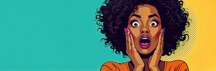 Black Woman with Female Surprise Expression in Retro Vibrant Pop-Art Style. Green and yellow background with cartoon, vintage polka dots.