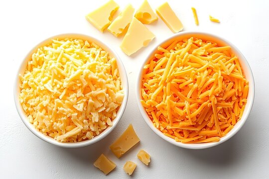Two bowls of cheese with one bowl having yellow cheese