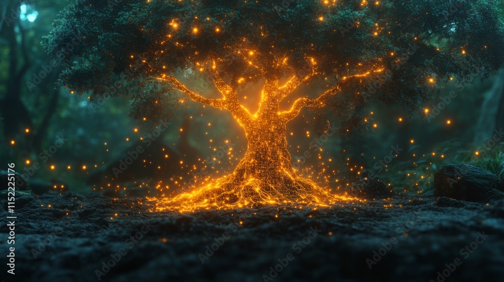 Aufkleber a majestic tree stands in a misty forest, its branches illuminated with glowing sparks. the enchanti