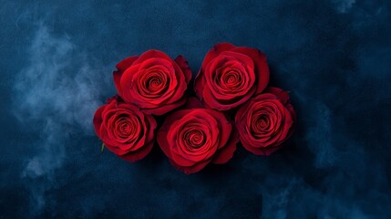 Five dark red roses arranged on a textured blue background.