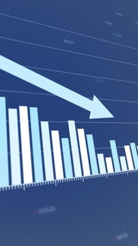 Dynamic financial diagram showcasing decreasing profits, descending bar graph segments with blue arrows signaling decline, data trend analysis, copy space.