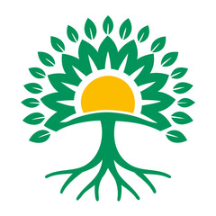 A radiant sun rising behind a tree with its roots visible below Isolated on transparent background