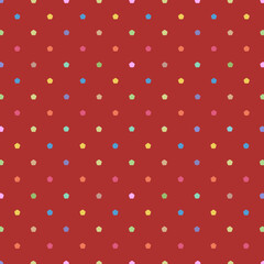 Seamless red background featuring evenly spaced multicolored polka dots in vibrant shades of blue, yellow, green, pink, and orange -  playful and cheerful design background - wrapping paper pattern.