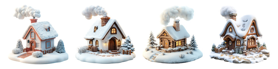 Charming Winter Houses on Transparent Background