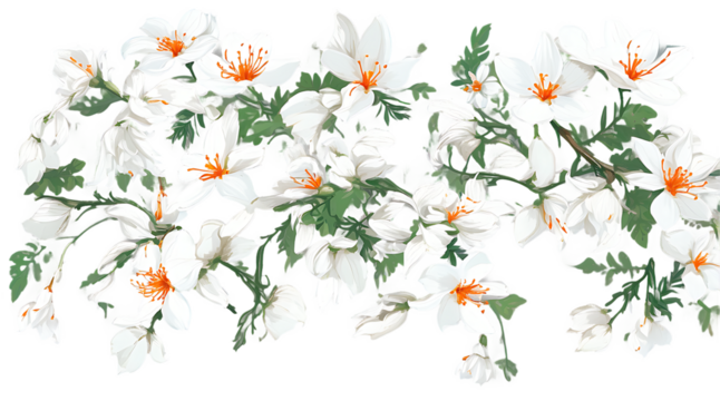 Delicate Botanical Illustration: Elegant White and Orange Flowers with Green Leaves on Transparent Background