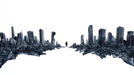 Fototapeta premium A solitary figure stands amidst a futuristic cityscape