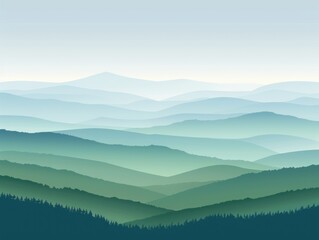 Obraz premium Layered blue and green mountains fade into a light blue sky.