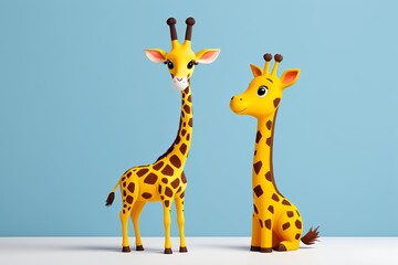 there are two giraffes standing next to each other on a table