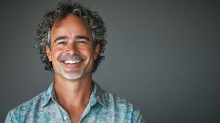 Obraz premium Smiling Middle-Aged Man with Curly Hair in Casual Shirt