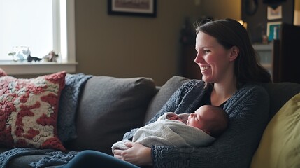 Obraz premium A woman is holding a baby on a couch