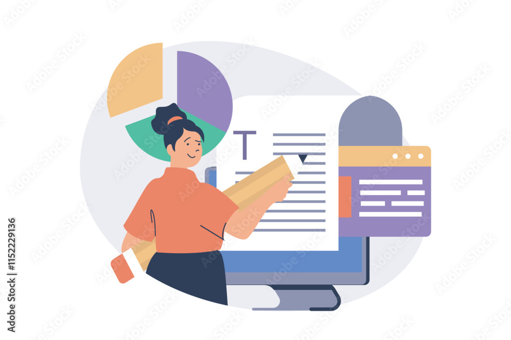 Poster copywriter web concept with flat cartoon people for website design.