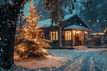 Winter Wonderland: Festive Christmas Tree Greeting Card Set in Snow-covered Countryside