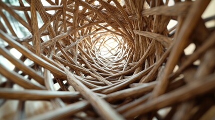 A close-up view of an intricate woven structure resembling a basket or nest.