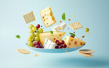 A platter of fine European cheeses floating mid-air with crackers and grapes, on a soft blue background