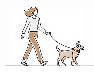 dessin au trait d'un femme promenant son chien en ia, balade, duo animal humain