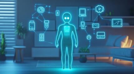 Futuristic hologram representation of a person with digital interface elements.