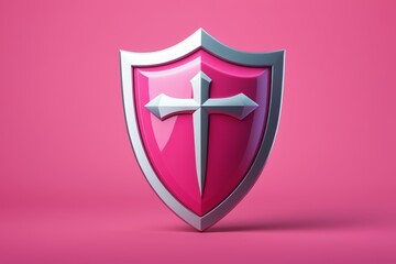 a close up of a pink shield with a cross on it