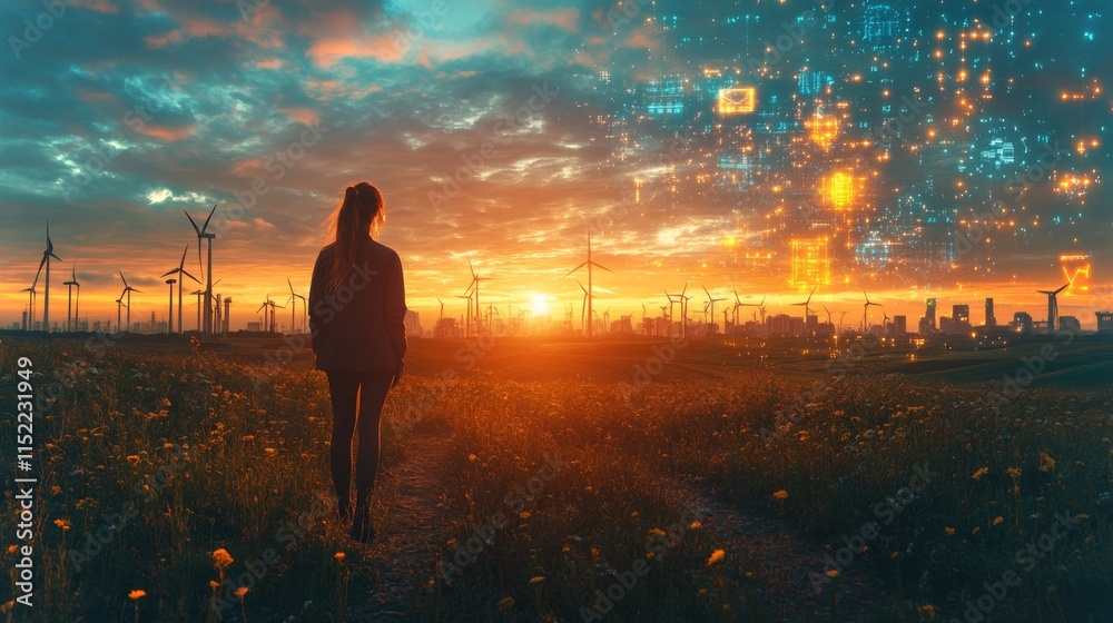 Aufkleber a figure stands in a field during sunset, surrounded by wind turbines. the sky is illuminated with c