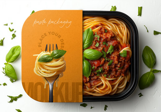 Top View Pasta Packaging Mockup &ndash; Realistic Italian Food Tray Scene with Spaghetti Bolognese for Ready Meal Label or Branding Presentation