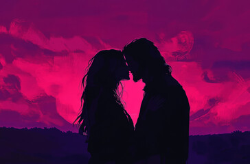 Couple sharing a romantic moment at sunset with vibrant colors in the sky
