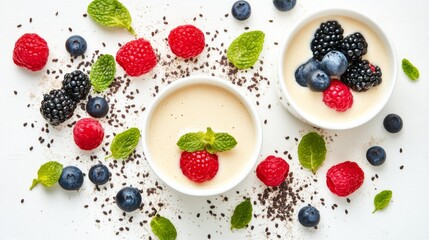 Fresh Artistic Presentation of Creamy Desserts with Fruits