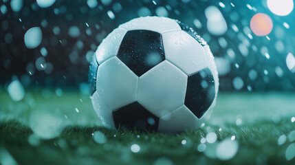 Soccer sport match, football ball on green grass, stadium with football net on background