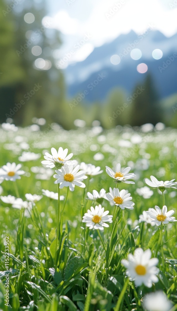 Poster Springtime Meadow with White Daisies, Lush Green Grass, and Blurry Mountains in Background