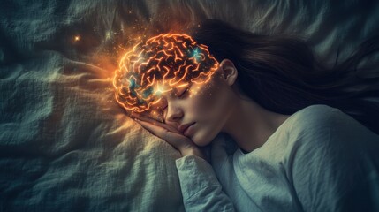 Woman peacefully sleeps with a vividly illuminated brain, symbolizing brain activity during dreaming for Neuroscience