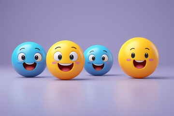 three yellow and blue balls with faces are lined up in a row