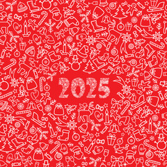 Fototapeta premium Christmas icon holiday background with snowy numbers 2025. Happy New Year Greeting. Noel Line Art Greeting Card with handwritten Lettering 2025