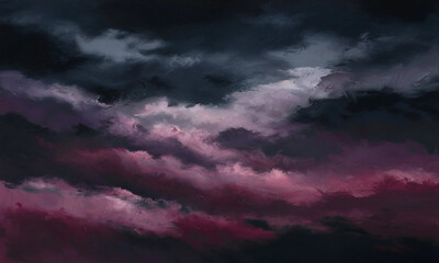 Obraz premium An abstract art composition featuring rich hues of black, deep purple, and wine-red blended with magenta and maroon, evoking the mystique of a stormy night sky shrouded in fog and chaos. .