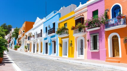 Fototapeta premium Colorful colonial street with vibrant facades and balconies on a sunny day