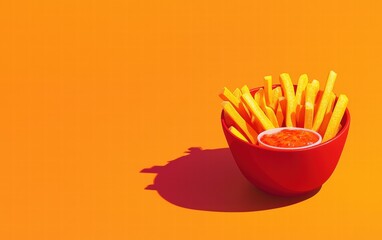 A vibrant bowl of sweet potato fries with spicy dipping sauce, on a warm orange background