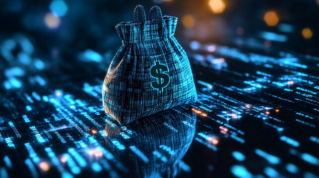 digital money bag with dollar sign on it, blue background with binary code and bokeh lights
