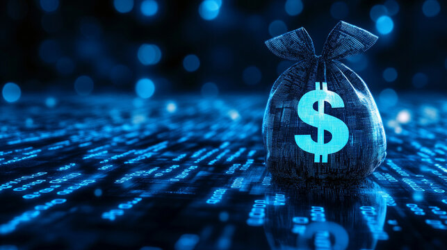 digital money bag with dollar sign on it, blue background with binary code and bokeh lights - Powered by Adobe