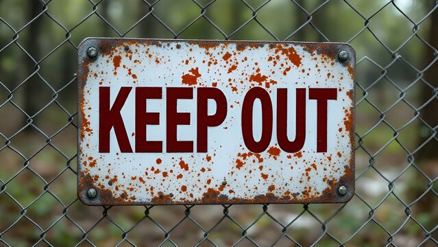 Rusted metal sign with the text Keep Out attached to a chain link fence, symbolizing restriction and caution in a potentially hazardous area, created with generative ai