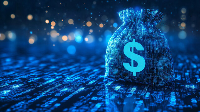 digital money bag with dollar sign on it, blue background with binary code and bokeh lights