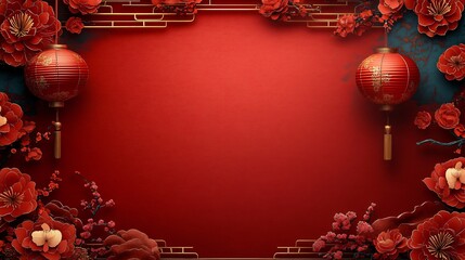 A rich red ornamental background perfect for Chinese New Year celebrations, featuring elegant gold motifs and lanterns, ideal for festive banners and invitations.